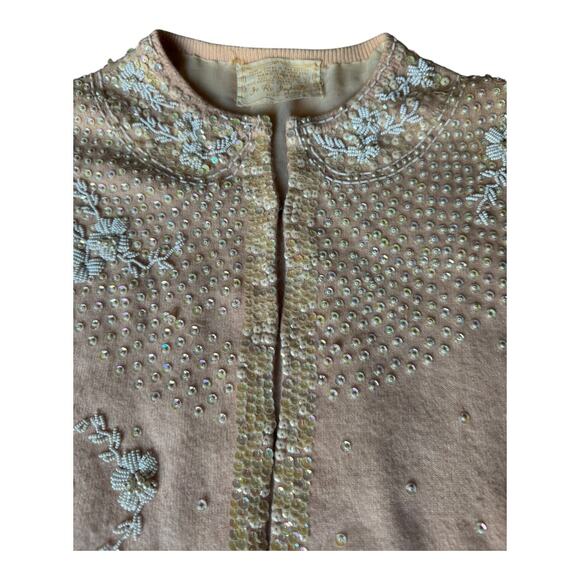 Vintage Jo Ro Imports Angora Lamb Wool Beaded Sequin pink white Cardigan small - Picture 13 of 16